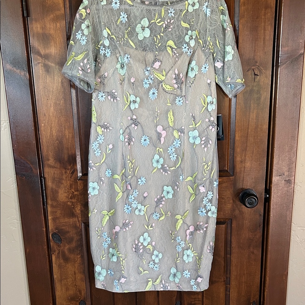Adrianna Papell Gray Dress with Floral Embroidery